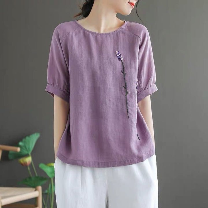 Camiseta de algodón y lino con cuello redondo para mujer, diseño vintage de flores bordadas con Buddha Stones , de verano - image 2