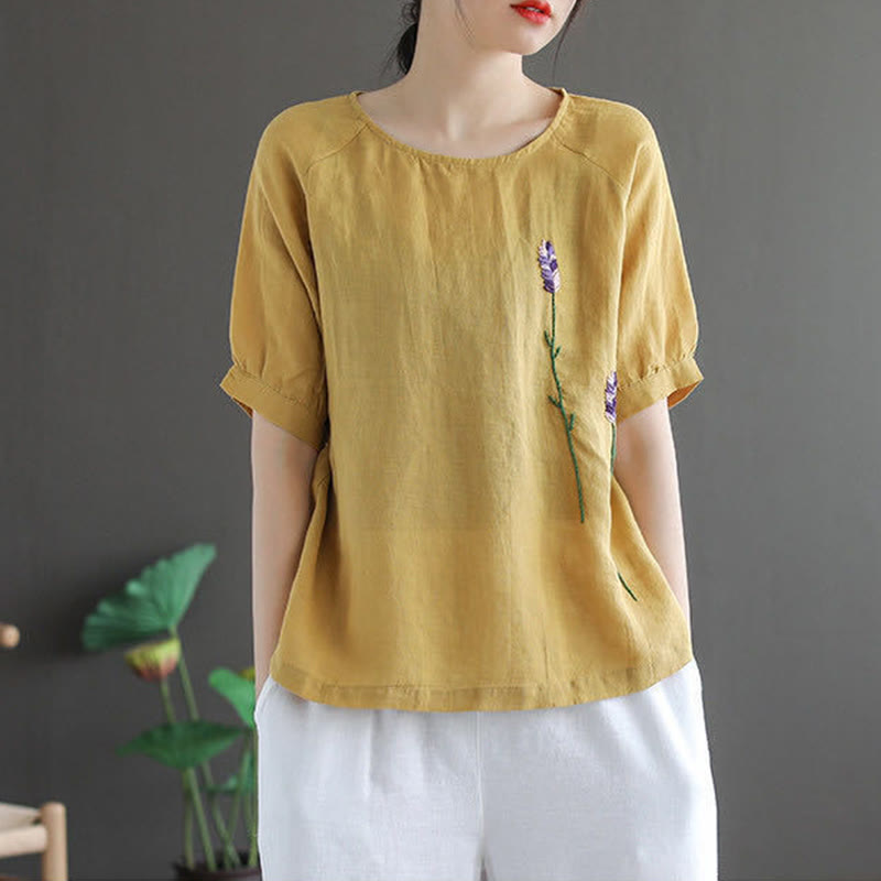 Camiseta de algodón y lino con cuello redondo para mujer, diseño vintage de flores bordadas con Buddha Stones , de verano - image 8