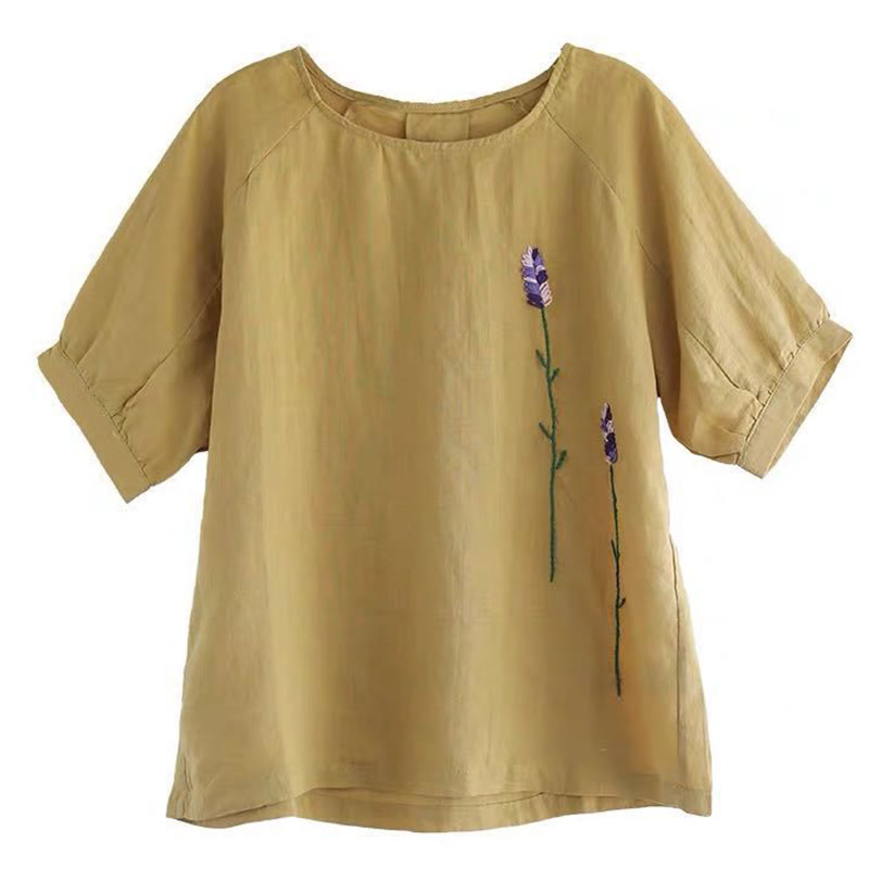 Camiseta de algodón y lino con cuello redondo para mujer, diseño vintage de flores bordadas con Buddha Stones , de verano - image 12