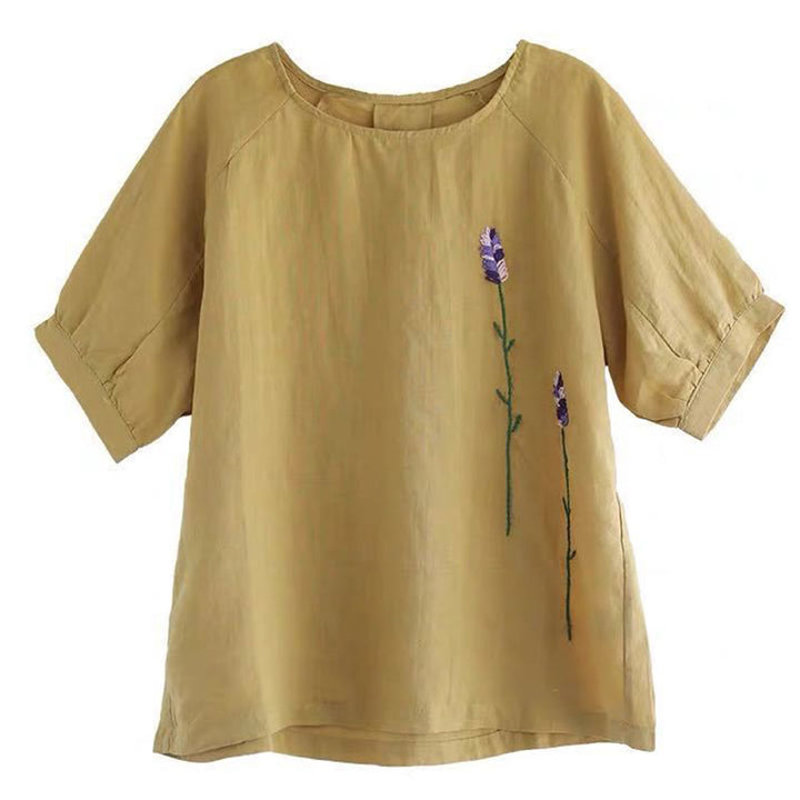 Camiseta de algodón y lino con cuello redondo para mujer, diseño vintage de flores bordadas con Buddha Stones , de verano - image 12