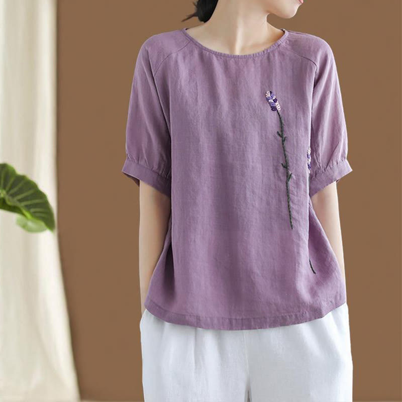 Camiseta de algodón y lino con cuello redondo para mujer, diseño vintage de flores bordadas con Buddha Stones , de verano - Orquídea mediana - US8-10，UK/AU12-14，EU40-42 (2XL) - image 0