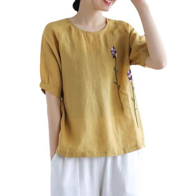 Camiseta de algodón y lino con cuello redondo para mujer, diseño vintage de flores bordadas con Buddha Stones , de verano - image 11