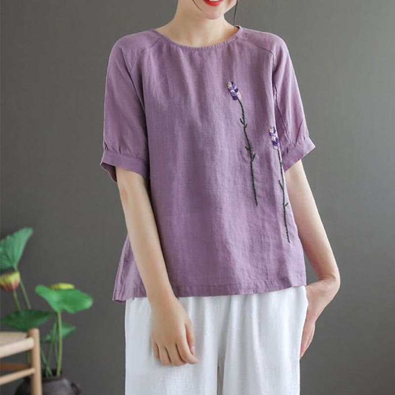 Camiseta de algodón y lino con cuello redondo para mujer, diseño vintage de flores bordadas con Buddha Stones , de verano - image 3