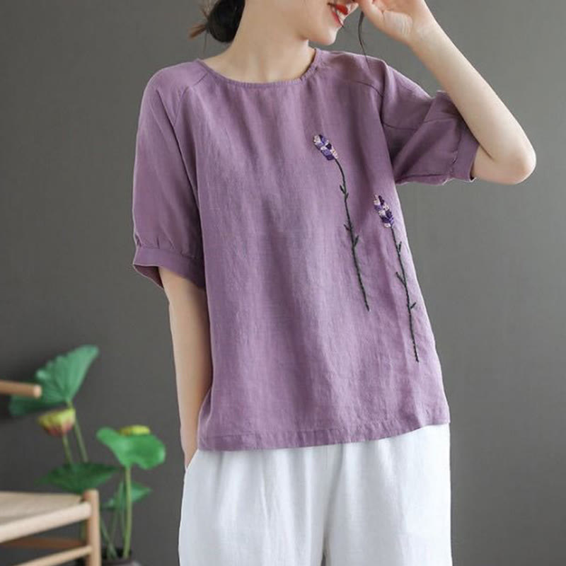 Camiseta de algodón y lino con cuello redondo para mujer, diseño vintage de flores bordadas con Buddha Stones , de verano - image 4