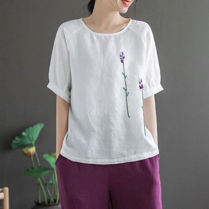 Camiseta de algodón y lino con cuello redondo para mujer, diseño vintage de flores bordadas con Buddha Stones , de verano - image 15