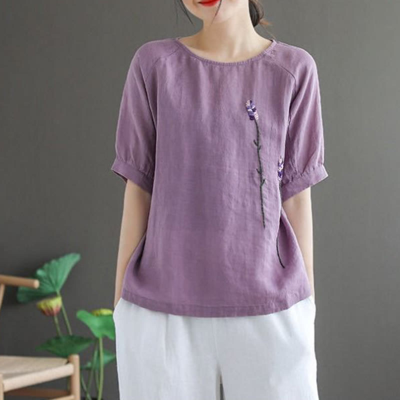 Camiseta de algodón y lino con cuello redondo para mujer, diseño vintage de flores bordadas con Buddha Stones , de verano - image 1