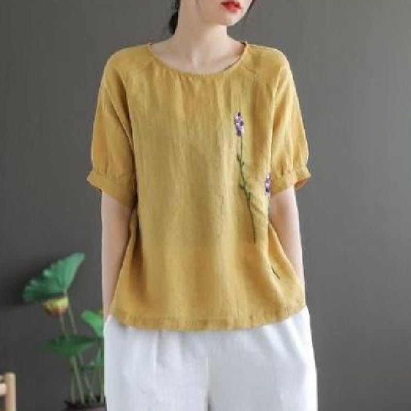 Camiseta de algodón y lino con cuello redondo para mujer, diseño vintage de flores bordadas con Buddha Stones , de verano - Caqui - US8-10，UK/AU12-14，EU40-42 (2XL) - image 6