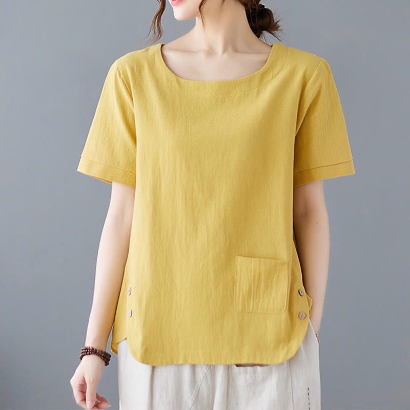 Camiseta de manga corta con cuello redondo y diseño de Buddha Stones para mujer, de algodón y poliéster, con abertura lateral y bolsillo. - Amarillo - US14, UK/AU18, EU46 (4XL) - image 0