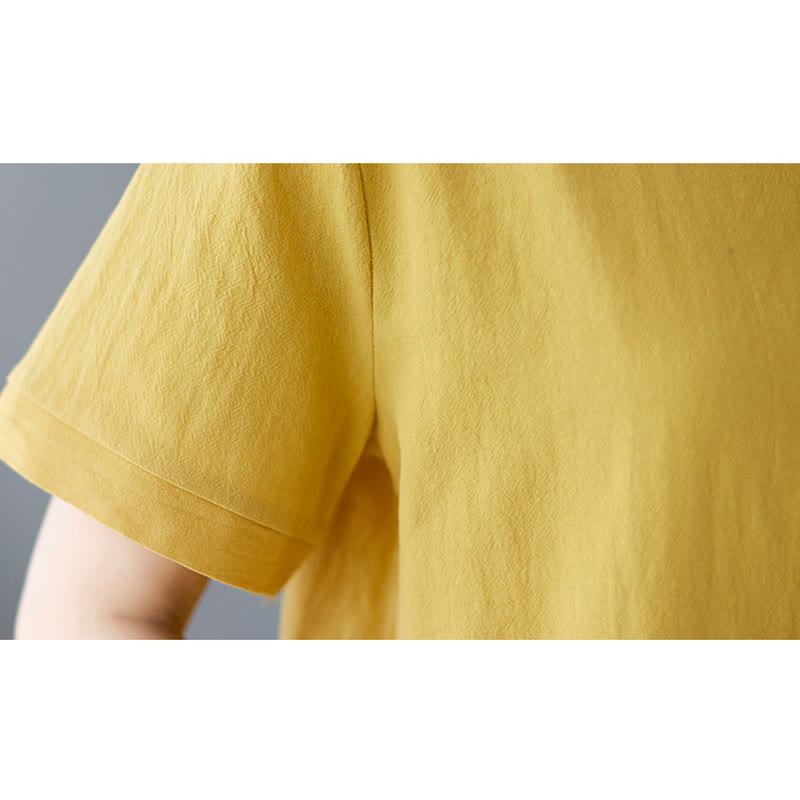 Camiseta de algodón y lino para mujer, manga corta, cuello redondo y bolsillo, con abertura lateral y diseño de Buddha Stones - image 10