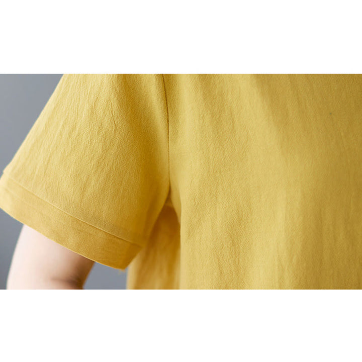 Camiseta de algodón y lino para mujer, manga corta, cuello redondo y bolsillo, con abertura lateral y diseño de Buddha Stones - image 10