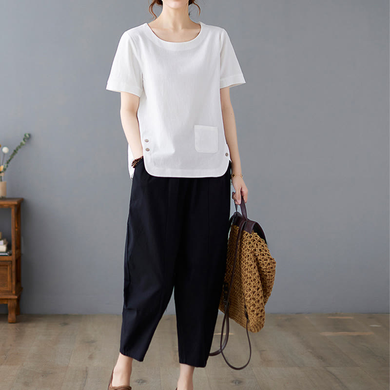 Camiseta de algodón y lino para mujer, manga corta, cuello redondo y bolsillo, con abertura lateral y diseño de Buddha Stones - image 18