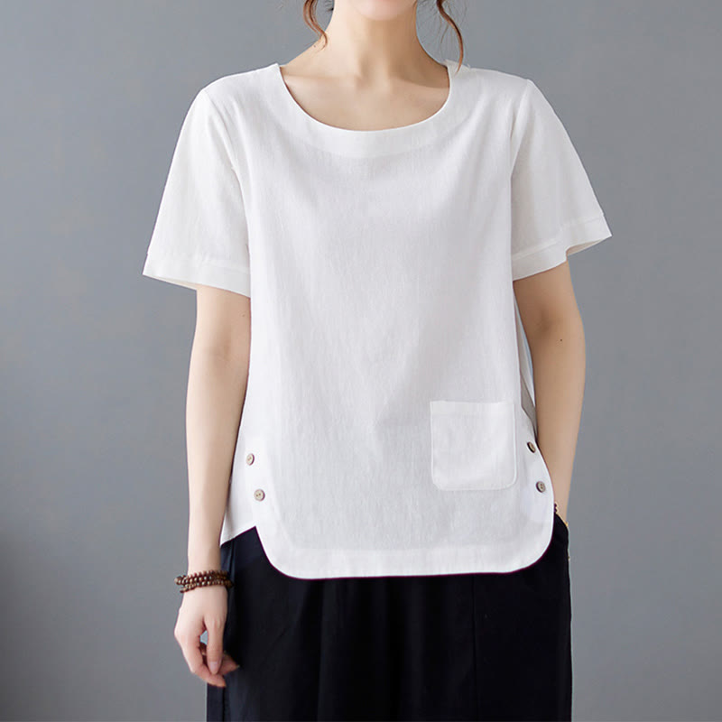 Camiseta de algodón y lino para mujer, manga corta, cuello redondo y bolsillo, con abertura lateral y diseño de Buddha Stones - Blanco - US14, UK/AU18, EU46 (4XL) - image 14