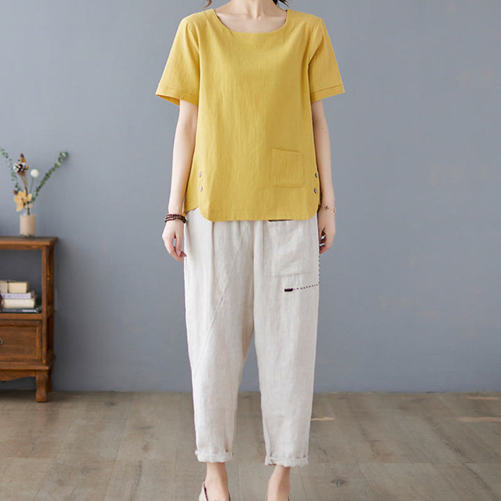 Camiseta de algodón y lino para mujer, manga corta, cuello redondo y bolsillo, con abertura lateral y diseño de Buddha Stones - image 4