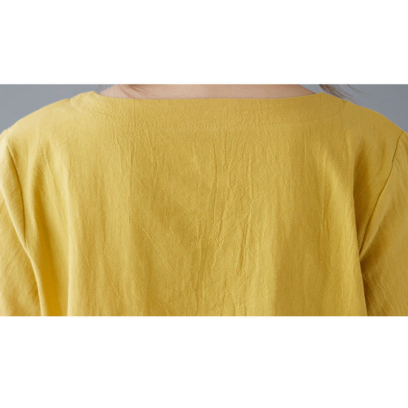 Camiseta de algodón y lino para mujer, manga corta, cuello redondo y bolsillo, con abertura lateral y diseño de Buddha Stones - image 9