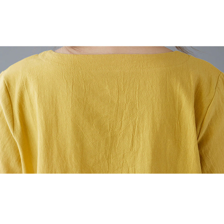 Camiseta de algodón y lino para mujer, manga corta, cuello redondo y bolsillo, con abertura lateral y diseño de Buddha Stones - image 9