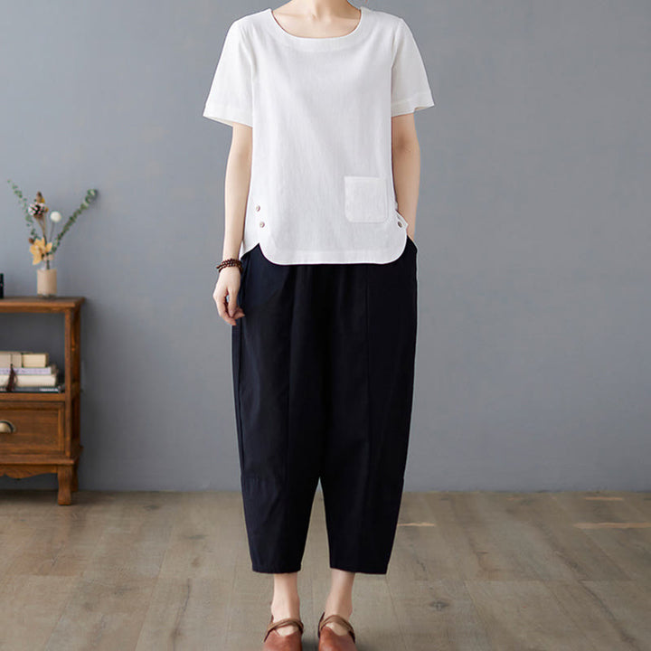 Camiseta de algodón y lino para mujer, manga corta, cuello redondo y bolsillo, con abertura lateral y diseño de Buddha Stones - image 16