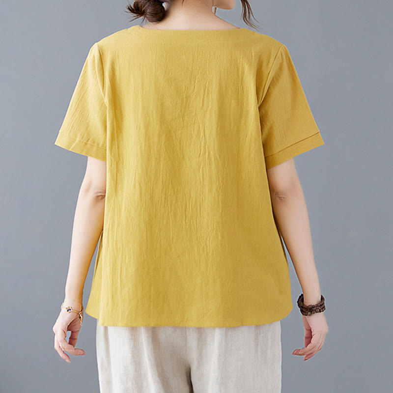 Camiseta de algodón y lino para mujer, manga corta, cuello redondo y bolsillo, con abertura lateral y diseño de Buddha Stones - image 1