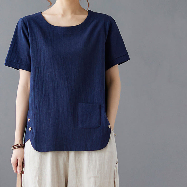 Camiseta de algodón y lino para mujer, manga corta, cuello redondo y bolsillo, con abertura lateral y diseño de Buddha Stones - image 22