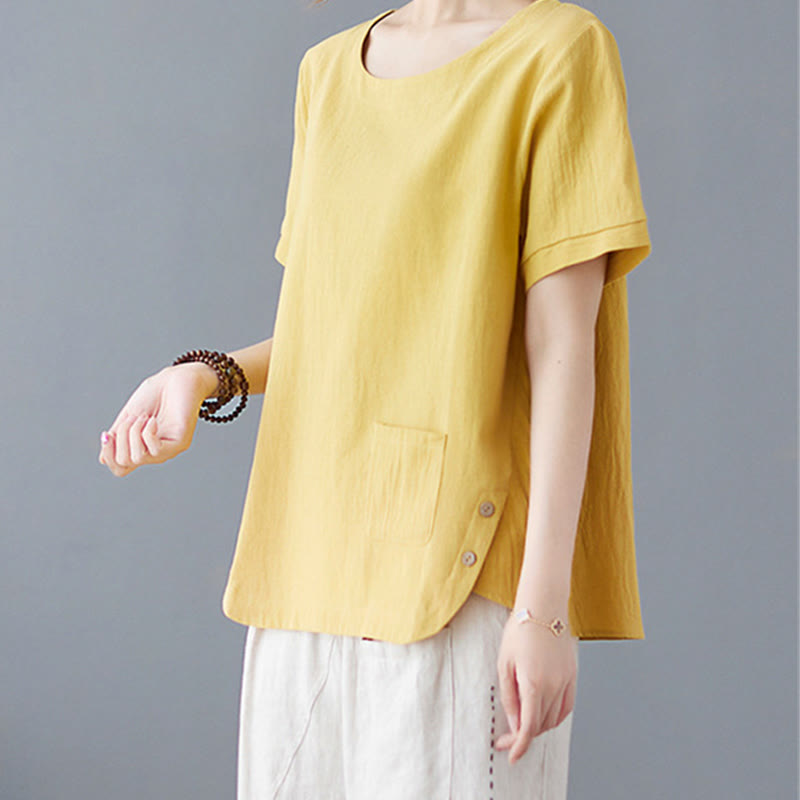 Camiseta de algodón y lino para mujer, manga corta, cuello redondo y bolsillo, con abertura lateral y diseño de Buddha Stones - image 2