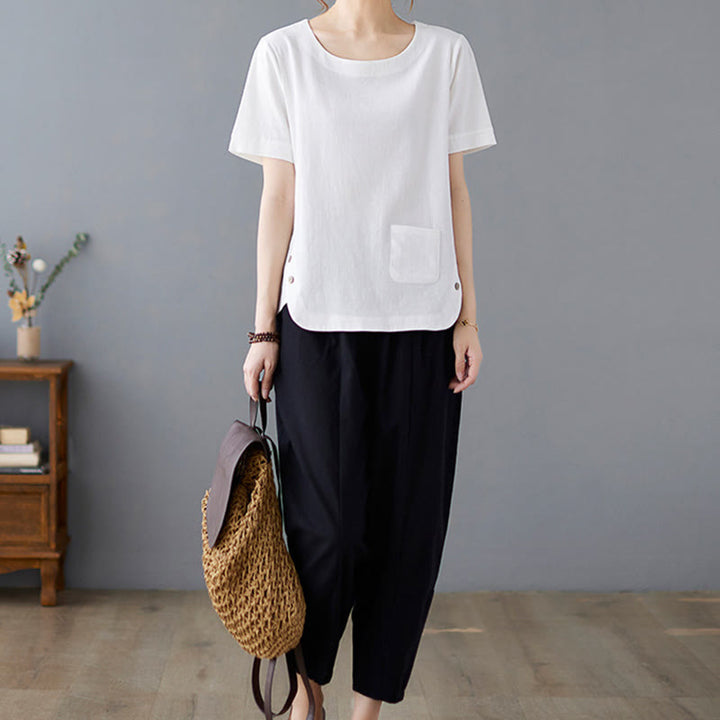 Camiseta de algodón y lino para mujer, manga corta, cuello redondo y bolsillo, con abertura lateral y diseño de Buddha Stones - image 17