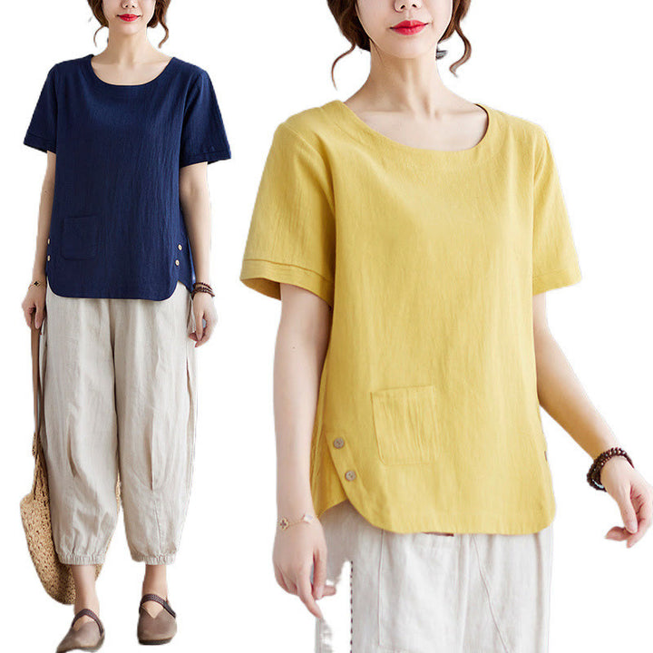 Camiseta de algodón y lino para mujer, manga corta, cuello redondo y bolsillo, con abertura lateral y diseño de Buddha Stones - image 13