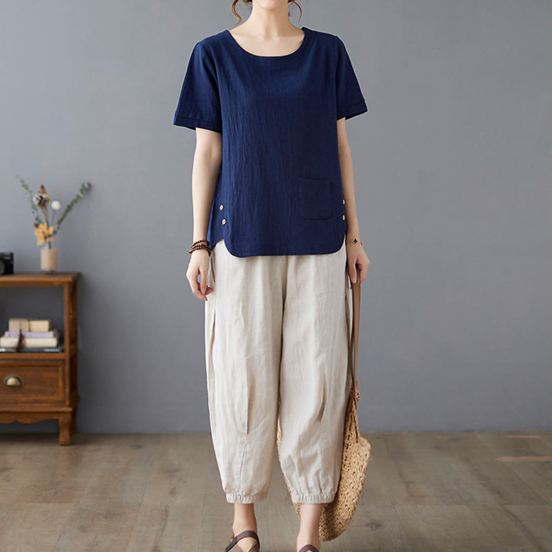 Camiseta de algodón y lino para mujer, manga corta, cuello redondo y bolsillo, con abertura lateral y diseño de Buddha Stones - image 24