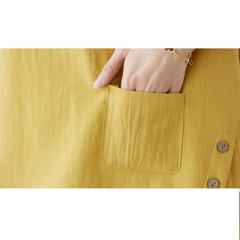 Camiseta de algodón y lino para mujer, manga corta, cuello redondo y bolsillo, con abertura lateral y diseño de Buddha Stones - image 11