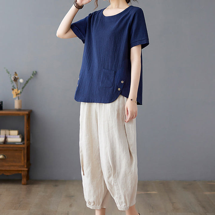 Camiseta de algodón y lino para mujer, manga corta, cuello redondo y bolsillo, con abertura lateral y diseño de Buddha Stones - image 25