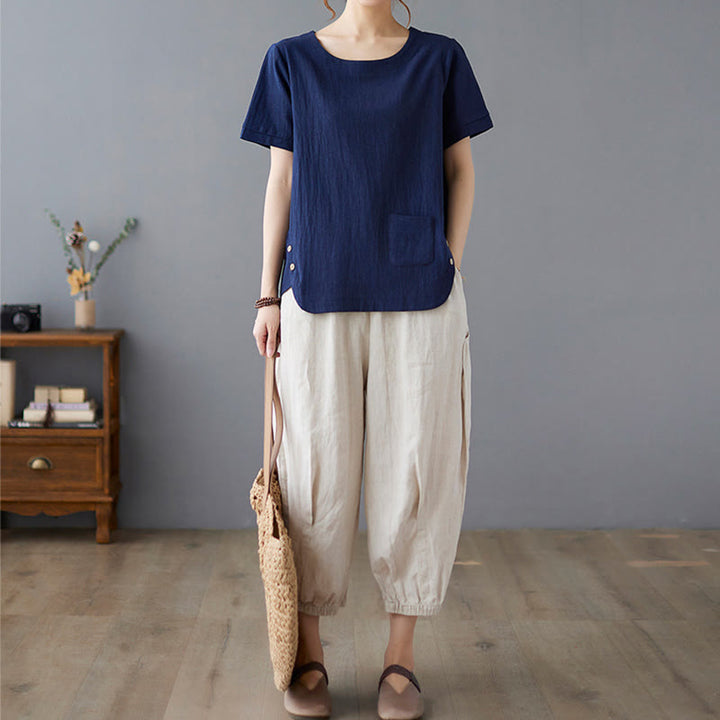 Camiseta de algodón y lino para mujer, manga corta, cuello redondo y bolsillo, con abertura lateral y diseño de Buddha Stones - image 23