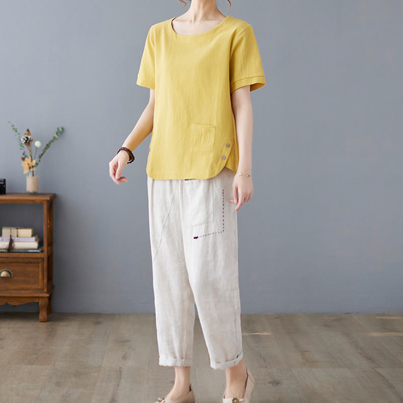 Camiseta de algodón y lino para mujer, manga corta, cuello redondo y bolsillo, con abertura lateral y diseño de Buddha Stones - image 5