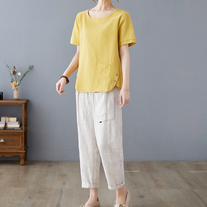 Camiseta de algodón y lino para mujer, manga corta, cuello redondo y bolsillo, con abertura lateral y diseño de Buddha Stones - image 5