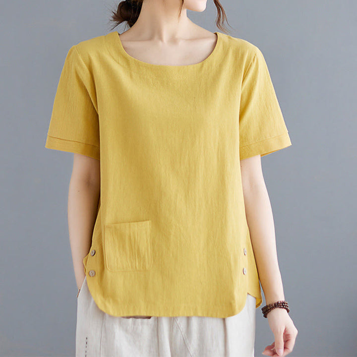 Camiseta de algodón y lino para mujer, manga corta, cuello redondo y bolsillo, con abertura lateral y diseño de Buddha Stones - image 3