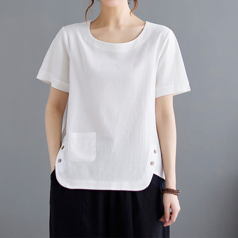 Camiseta de algodón y lino para mujer, manga corta, cuello redondo y bolsillo, con abertura lateral y diseño de Buddha Stones - image 15