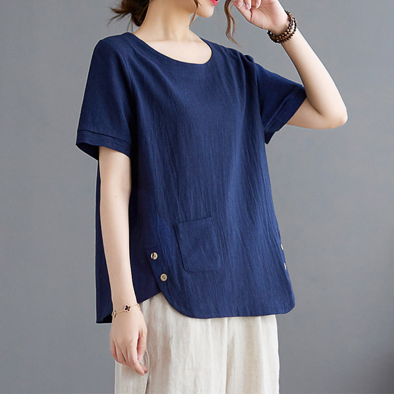 Camiseta de algodón y lino para mujer, manga corta, cuello redondo y bolsillo, con abertura lateral y diseño de Buddha Stones - image 20