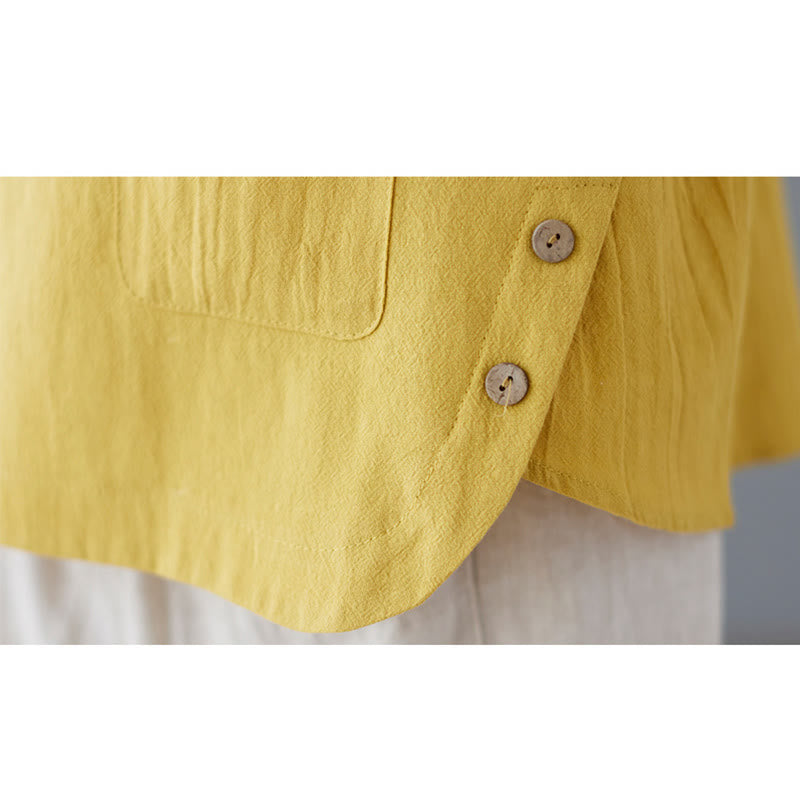 Camiseta de algodón y lino para mujer, manga corta, cuello redondo y bolsillo, con abertura lateral y diseño de Buddha Stones - image 12