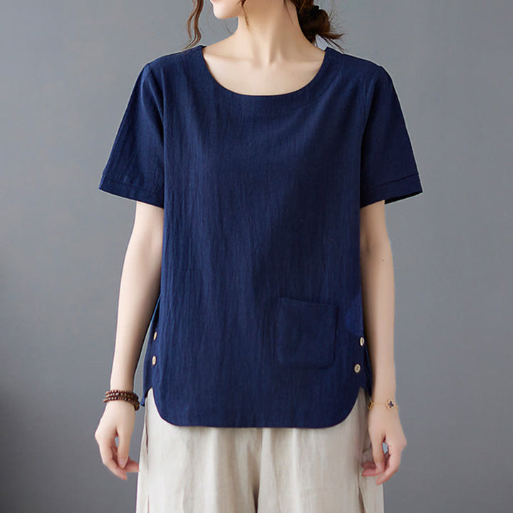 Camiseta de algodón y lino para mujer, manga corta, cuello redondo y bolsillo, con abertura lateral y diseño de Buddha Stones - image 21