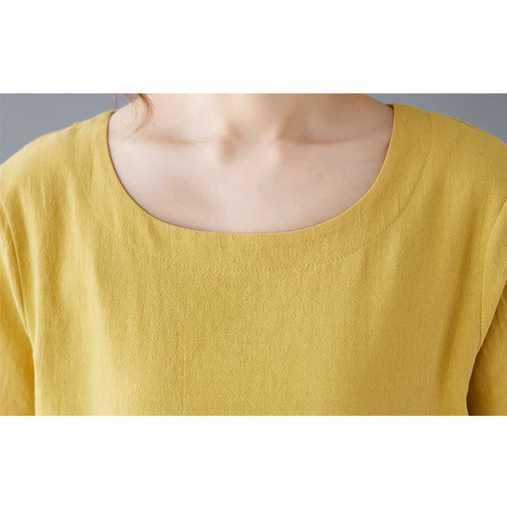 Camiseta de algodón y lino para mujer, manga corta, cuello redondo y bolsillo, con abertura lateral y diseño de Buddha Stones - image 8