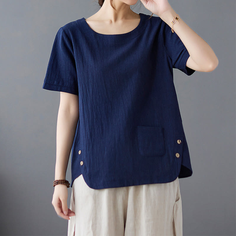 Camiseta de algodón y lino para mujer, manga corta, cuello redondo y bolsillo, con abertura lateral y diseño de Buddha Stones - Marina de guerra - US14, UK/AU18, EU46 (4XL) - image 19