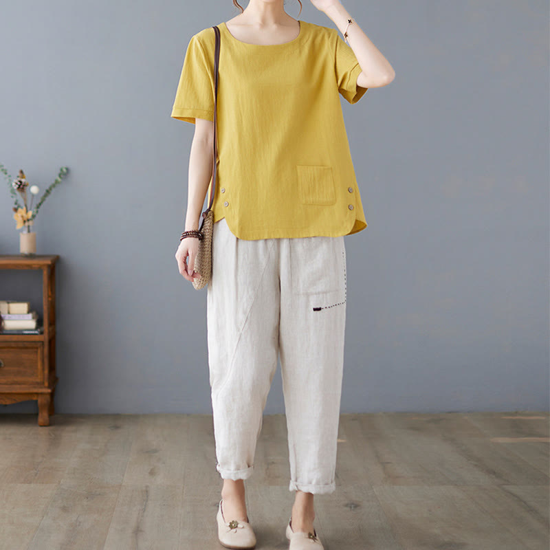 Camiseta de algodón y lino para mujer, manga corta, cuello redondo y bolsillo, con abertura lateral y diseño de Buddha Stones - image 7