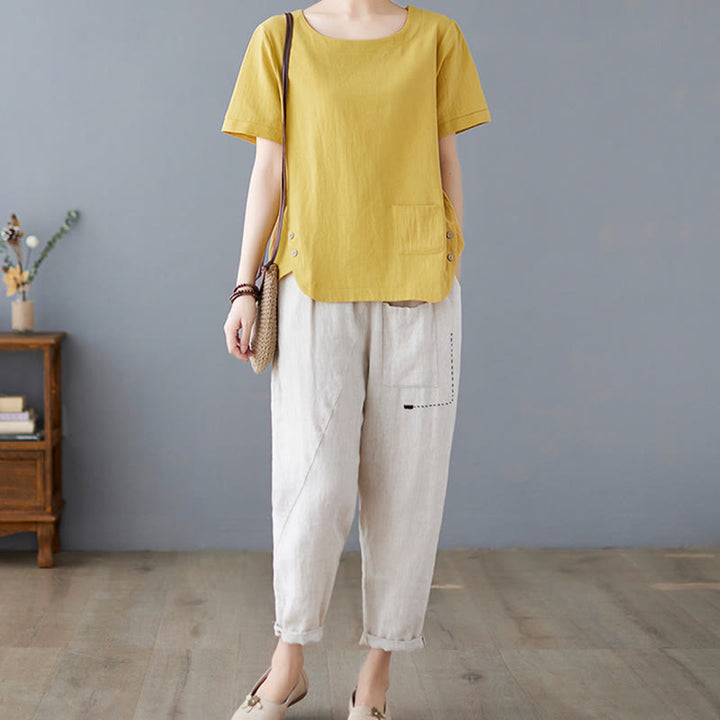 Camiseta de algodón y lino para mujer, manga corta, cuello redondo y bolsillo, con abertura lateral y diseño de Buddha Stones - image 6