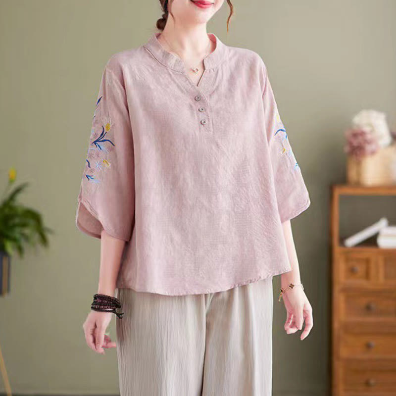 Camisa de lino y algodón con cuello entallado para mujer, diseño de flores bordadas de verano con Buddha Stones y mangas tres cuartos - Rosa - US14, UK/AU18, EU46 (4XL) - image 0