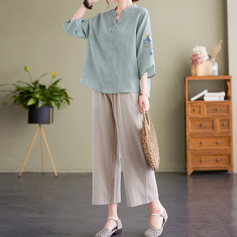 Camisa de lino y algodón con cuello entallado para mujer, diseño de flores bordadas de verano con Buddha Stones y mangas tres cuartos - image 9