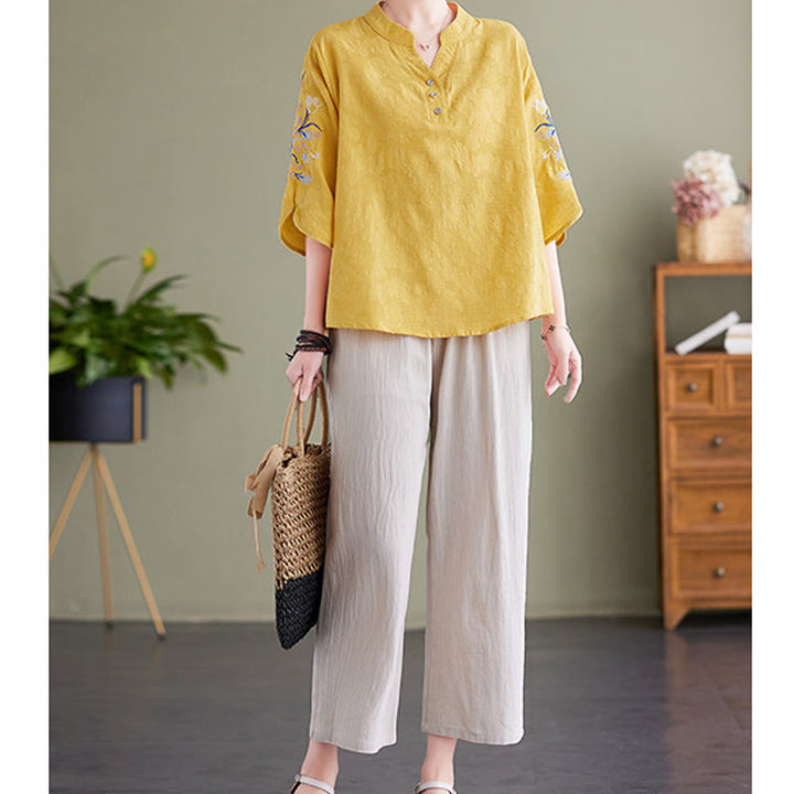 Camisa de lino y algodón con cuello entallado para mujer, diseño de flores bordadas de verano con Buddha Stones y mangas tres cuartos - image 18