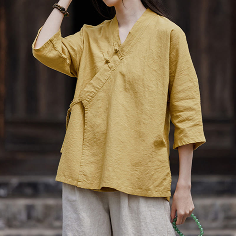 Cárdigan de algodón y lino de media manga para mujer, diseño de patchwork con cordones laterales, color puro, estilo vintage zen, con Buddha Stones - Caqui - US8-10，UK/AU12-14，EU40-42 (2XL) - image 0