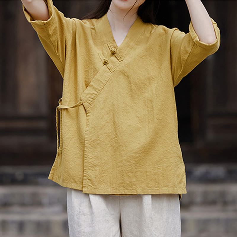 Cárdigan de algodón y lino de media manga para mujer, diseño de patchwork con cordones laterales, color puro, estilo vintage zen, con Buddha Stones - image 1