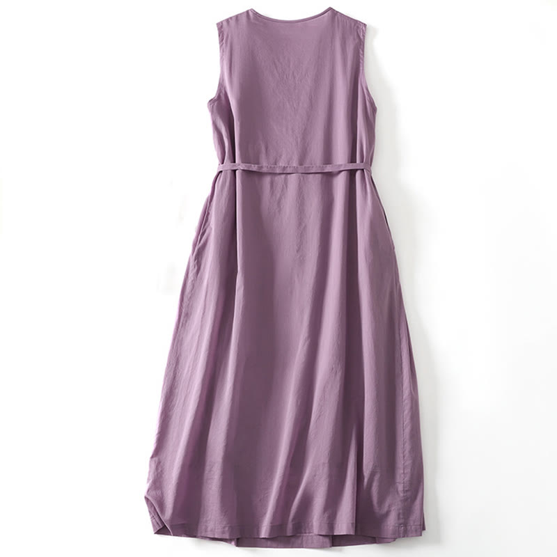 Vestido midi de algodón sin mangas con diseño de acordeón en color liso y bolsillos de Buddha Stones - image 1