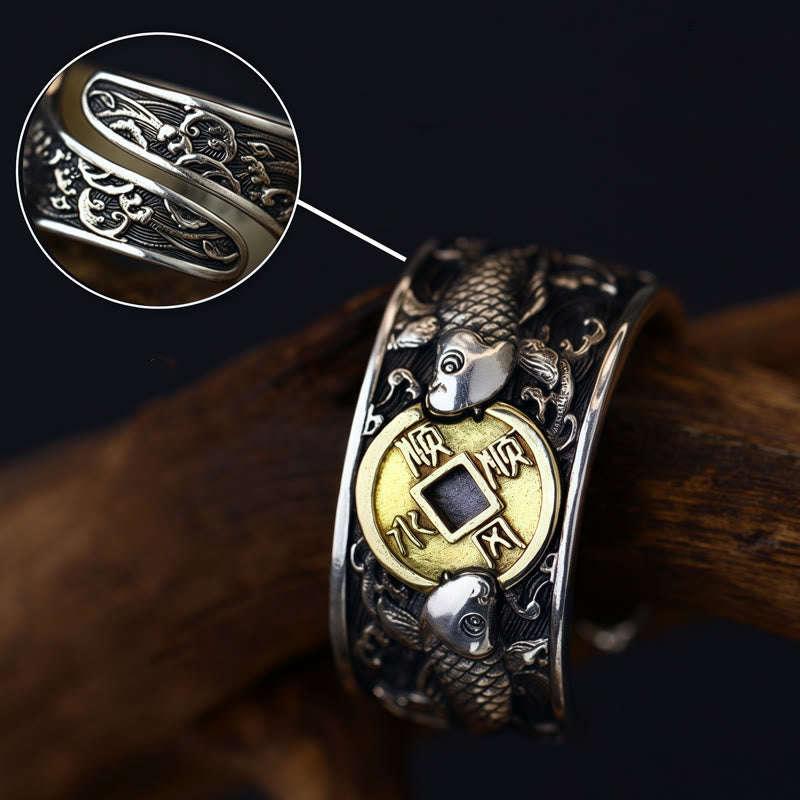 Buddha Stones de plata de ley 925 con diseño de pez koi de la suerte, con apertura ajustable y monedas de cobre, nubes auspiciosas. - image 15