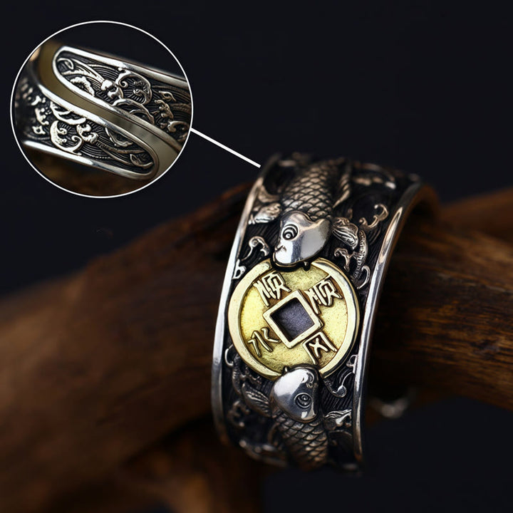 Buddha Stones de plata de ley 925 con diseño de pez koi de la suerte, con apertura ajustable y monedas de cobre, nubes auspiciosas.