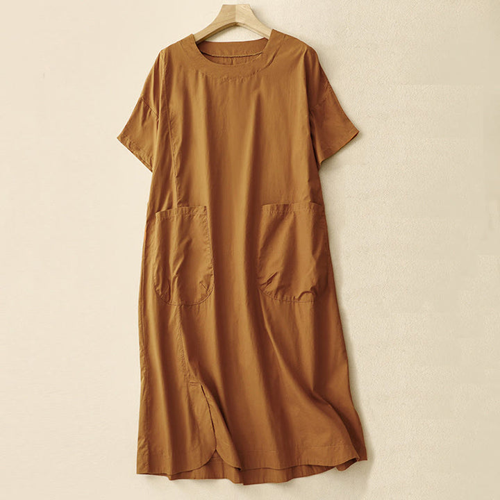 Vestido midi de verano con cuello redondo, manga corta y bolsillos, de Buddha Stones - Chocolate - US8-10，UK/AU12-14，EU40-42 (2XL) - image 0
