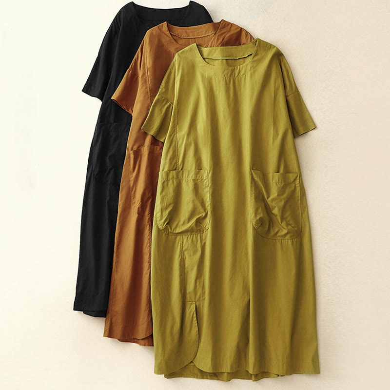 Vestido midi de verano con cuello redondo, manga corta y bolsillos, de Buddha Stones - image 25